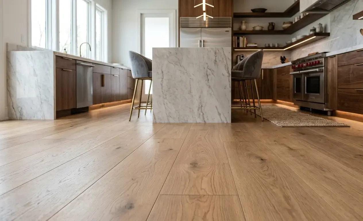 Conceptual rendering of wide-plank engineered hardwood flooring in a modern luxury kitchen