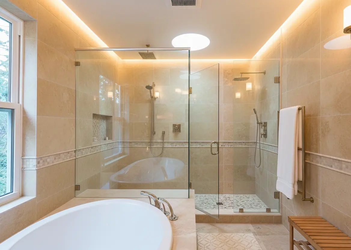 Conceptual rendering of a travertine subway tiles used in a bathroom