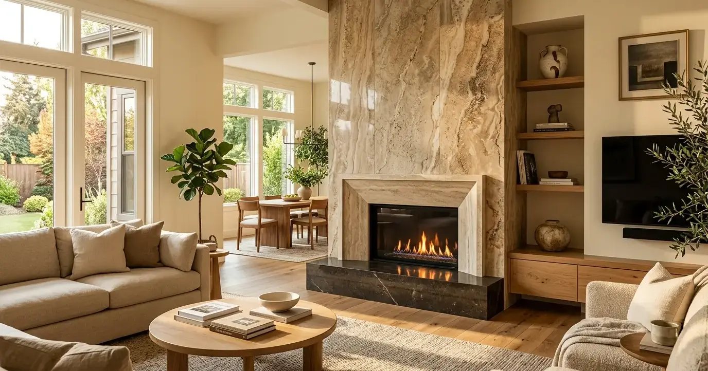 Conceptual rendering of a polished stone in Fernley homes fireplace surround
