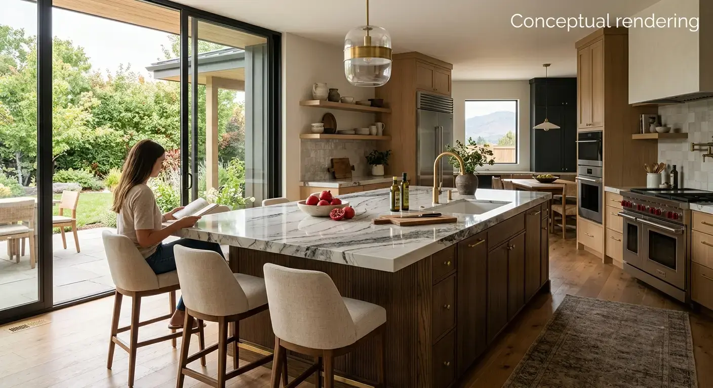 Conceptual rendering of a polished stone in Fernley homes kitchen island
