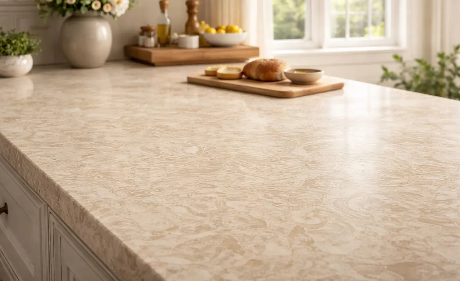 Conceptual rendering of Cream quartz countertop in a sunlit kitchen