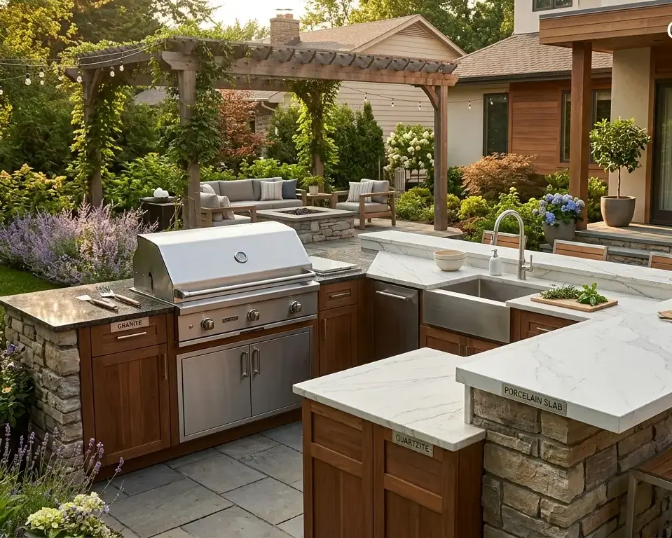 Granite and quartzite slab countertop in a sun-exposed outdoor kitchen
