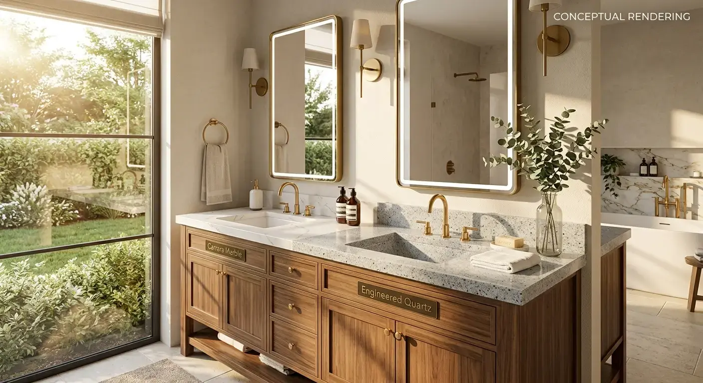 Conceptual rendering of a bathroom vanity comparing countertop options in marble and quartz surfaces