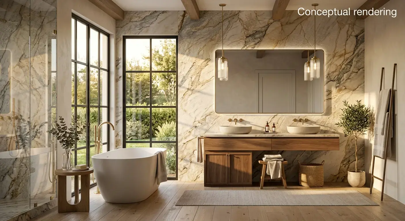 Conceptual rendering of a remodel planning bathroom wall accent using leathered quartzite slab