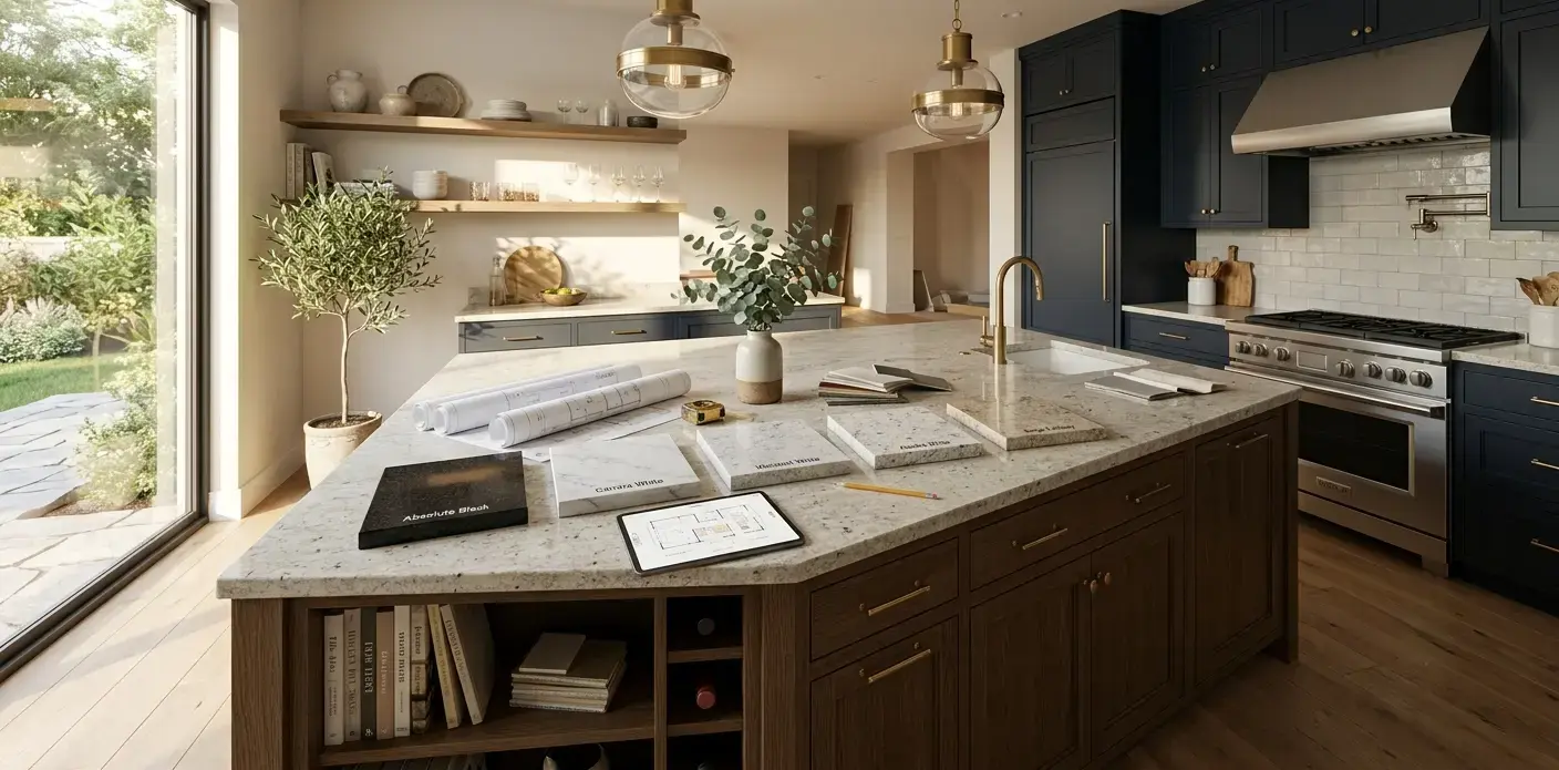 Conceptual rendering of a remodel planning kitchen island with granite slab samples on the counter