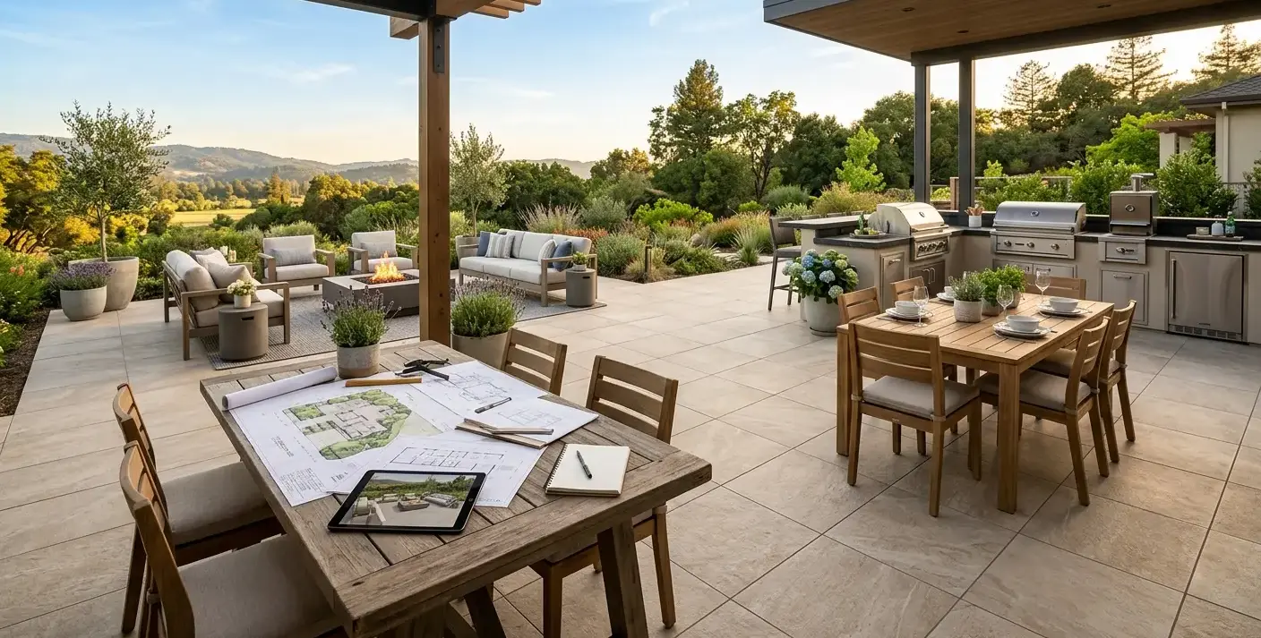 Conceptual rendering of a remodel planning patio featuring full-sun porcelain slab pavers
