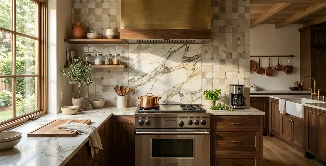 Conceptual rendering of a stone and tile choices kitchen backsplash pairing