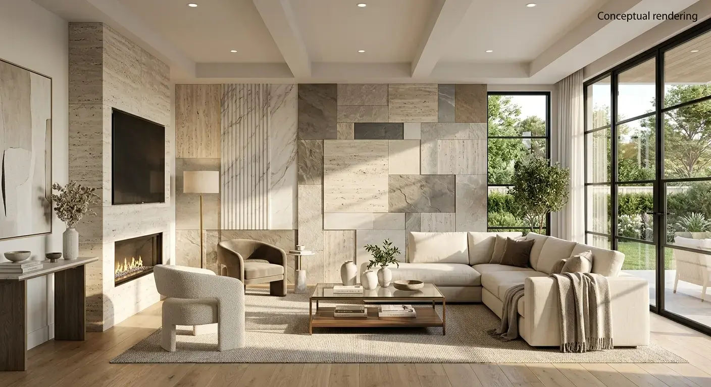Conceptual rendering of a stone and tile choices living room feature wall