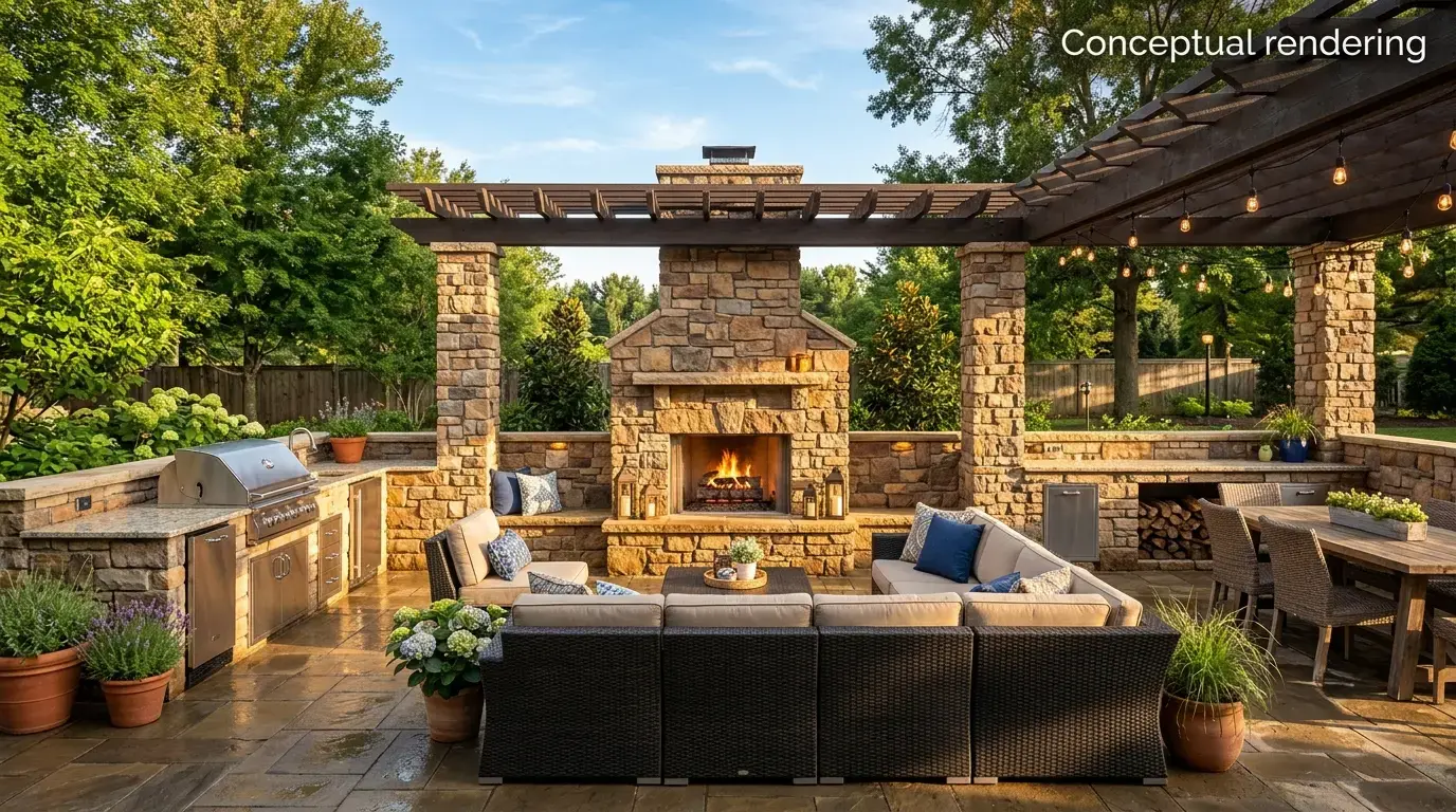 Conceptual rendering of a Fallon outdoor living stone fire feature surround