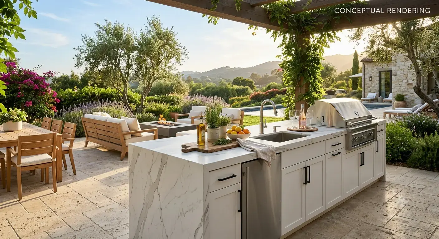 Conceptual rendering of a Fallon outdoor living kitchen island in porcelain
