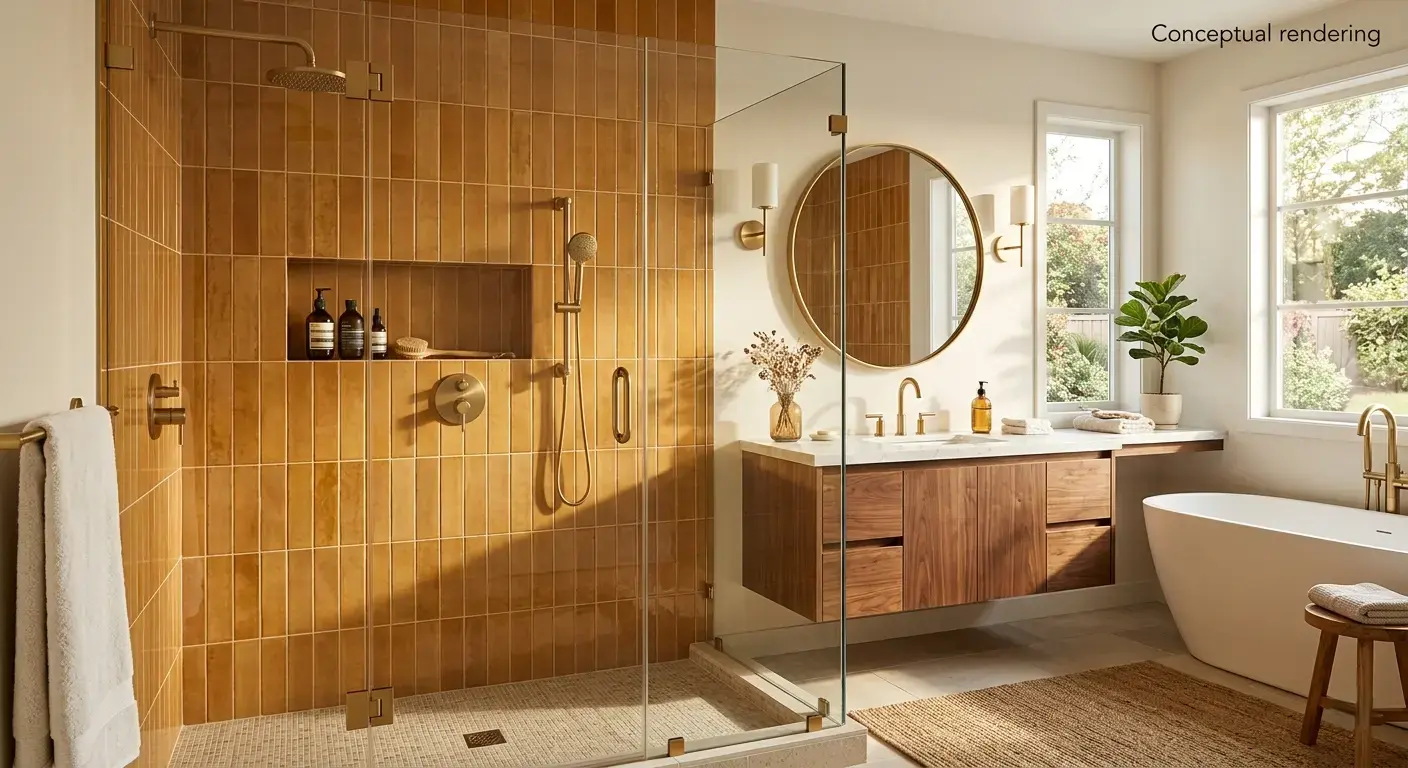 Conceptual rendering of porcelain tile vertical stacked shower wall