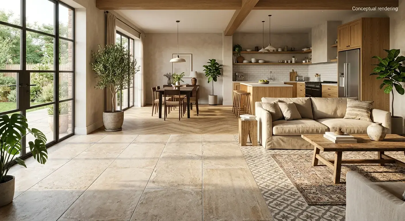 Conceptual rendering of a textured porcelain indoor flooring options space