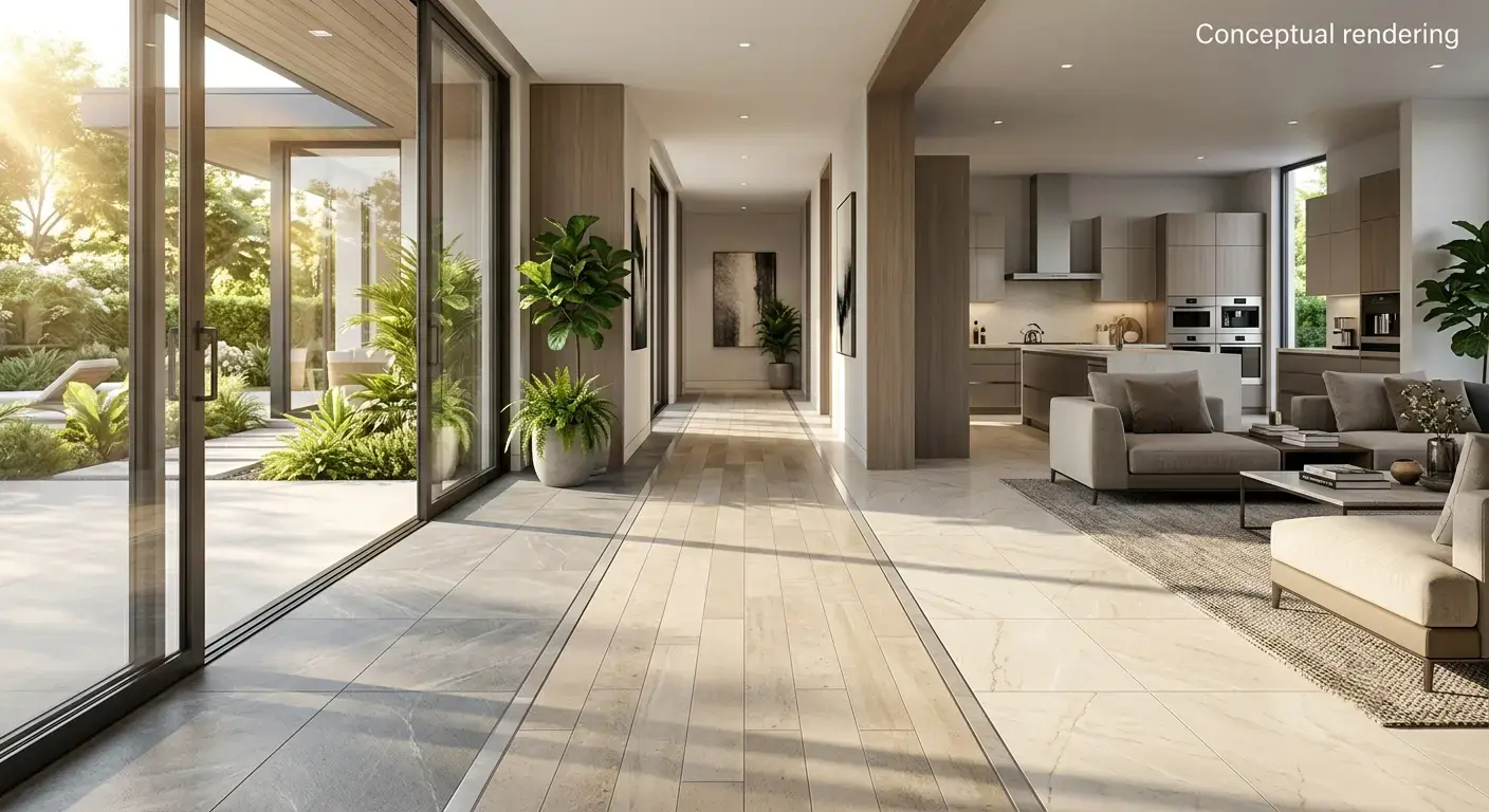Conceptual rendering of a honed quartzite walkway flooring options layout
