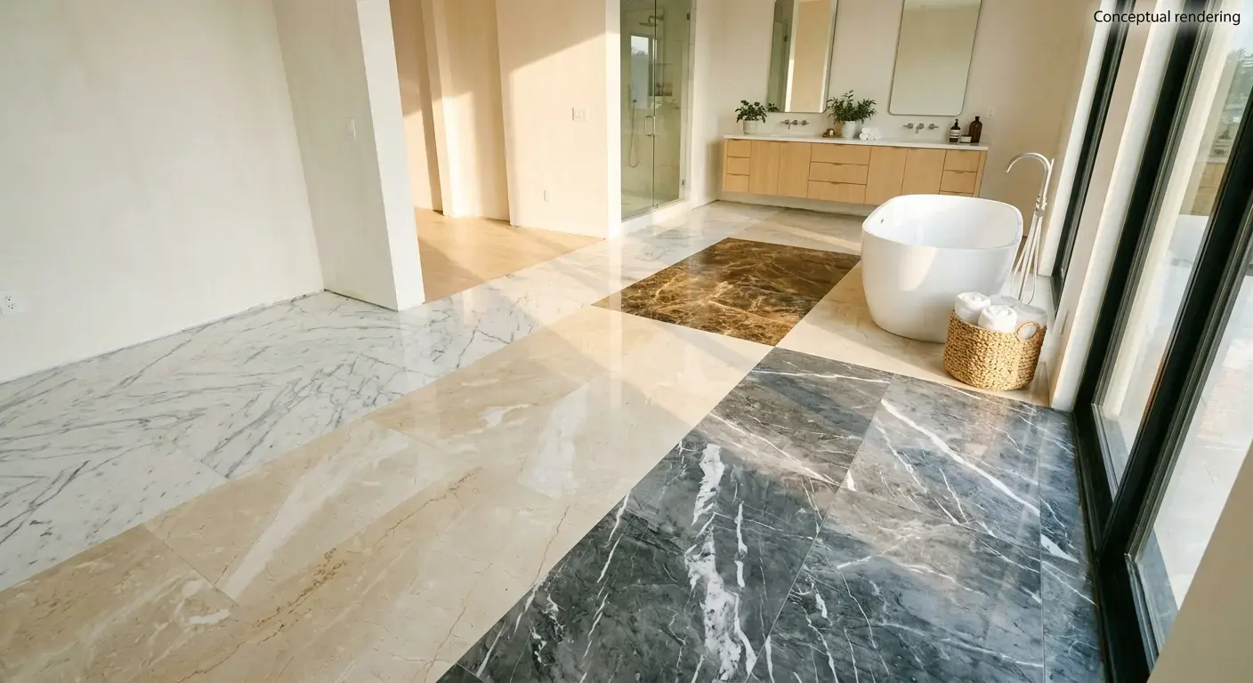 Conceptual rendering of a polished marble bathroom flooring options interior