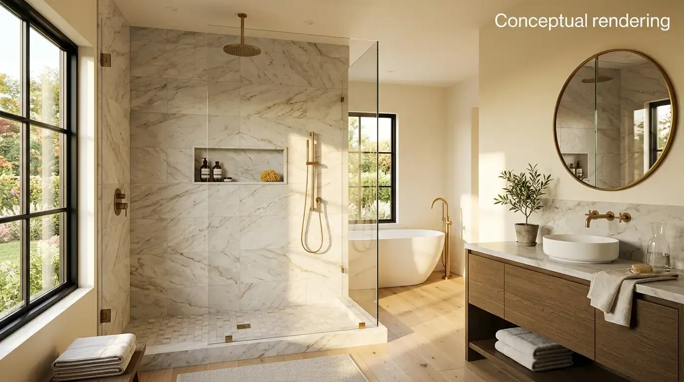 Conceptual rendering of a bathroom design shower wall in honed marble tile