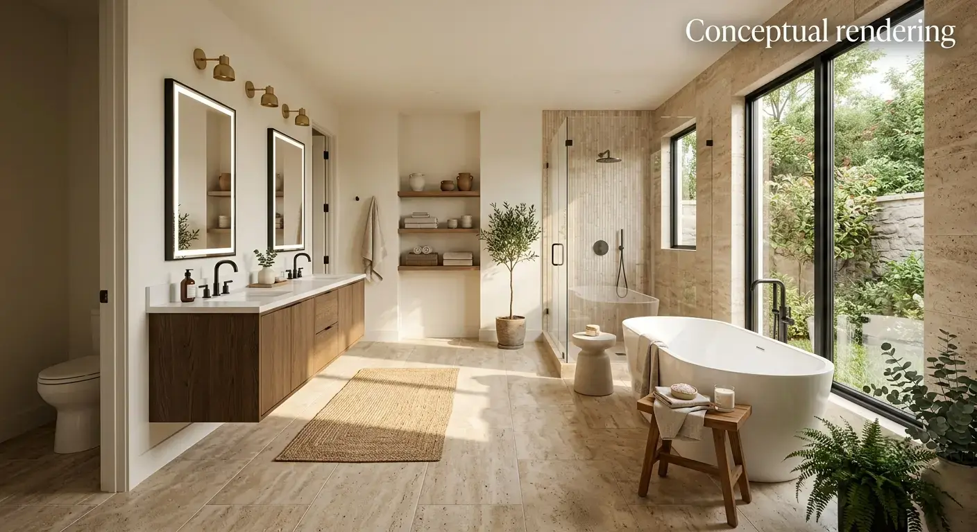 Conceptual rendering of a bathroom design with honed travertine tile flooring