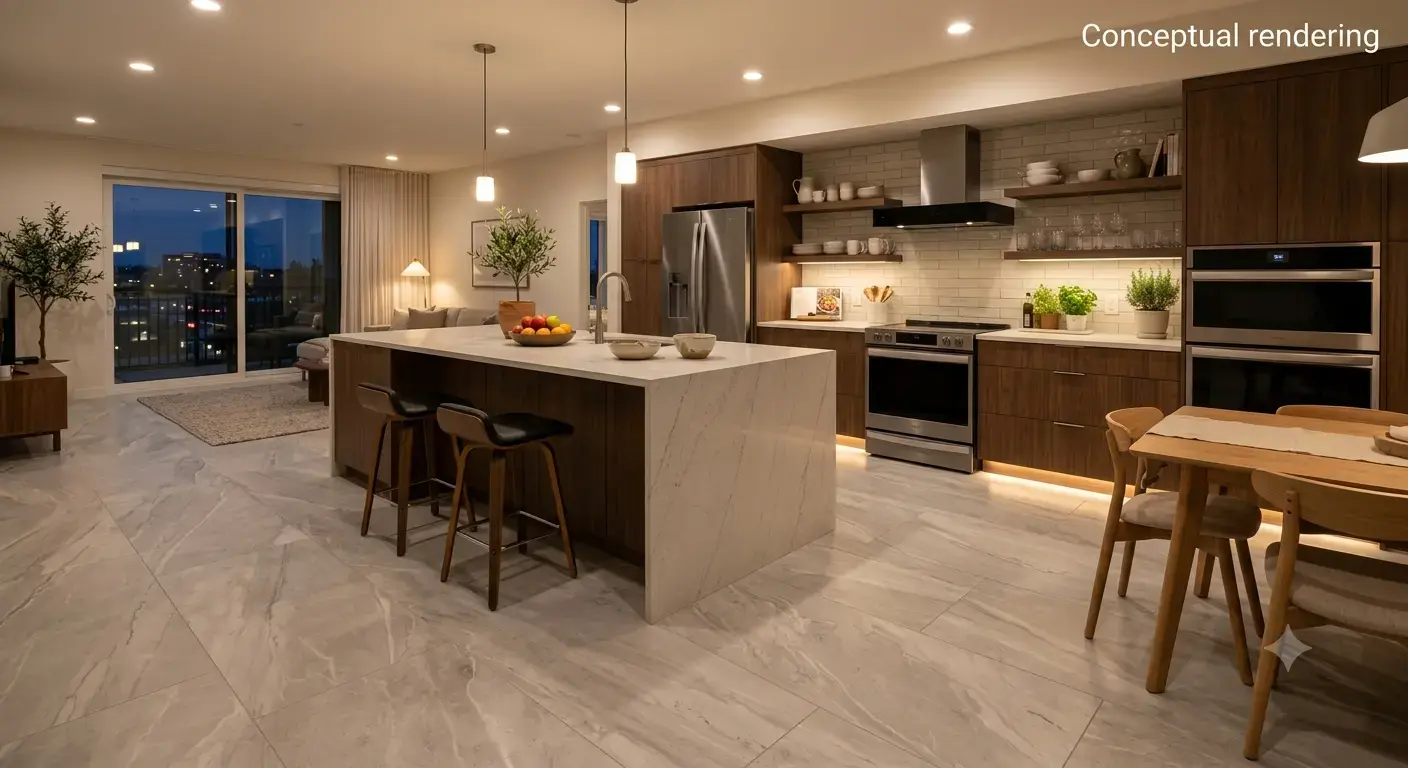 Conceptual rendering of porcelain tile on flooring
