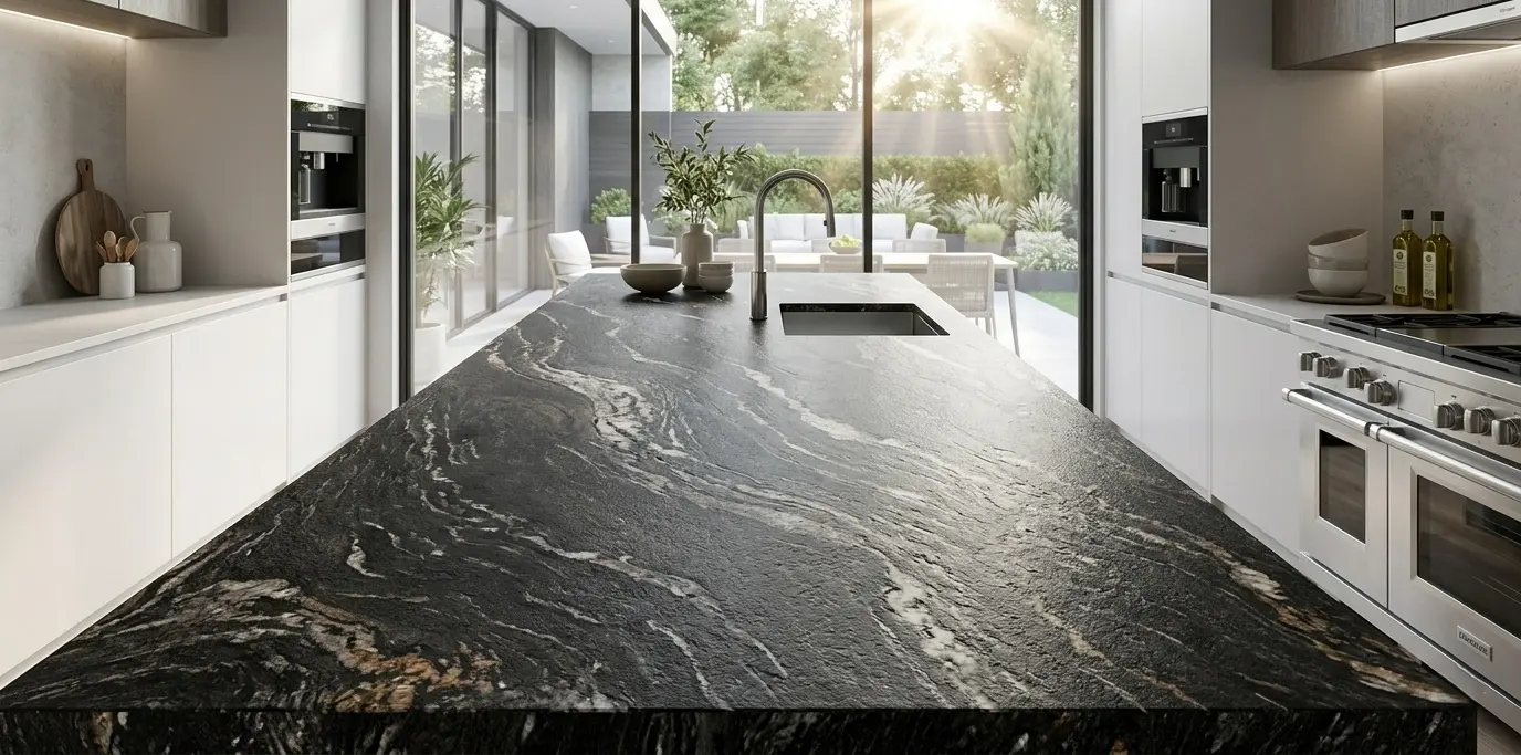 Conceptual rendering of leathered titanium granite slab close-up showing textured finish in Reno home