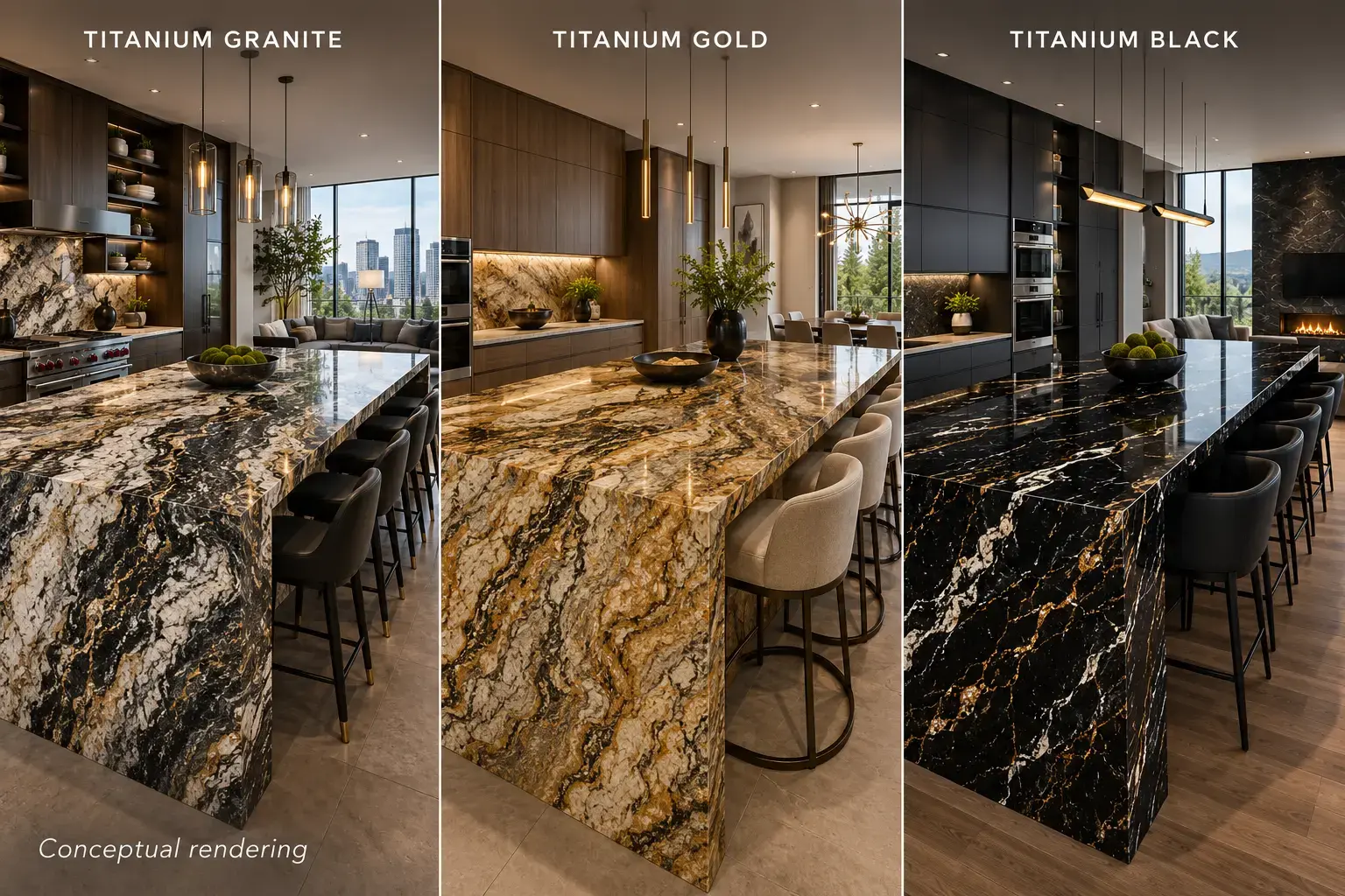 Conceptual rendering of side-by-side luxury kitchens featuring Titanium Granite, Titanium Gold, and Titanium Black countertops with modern waterfall islands