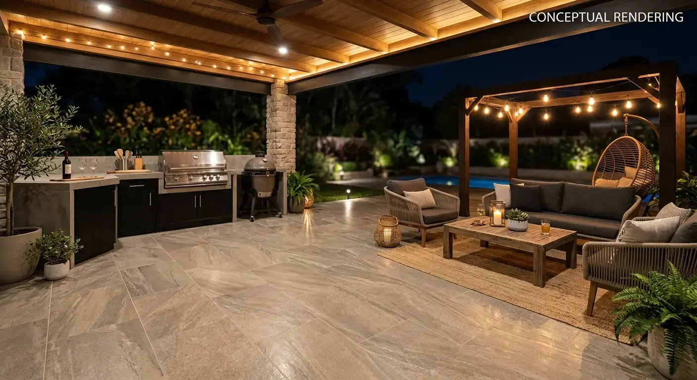 Conceptual rendering of porcelain tile flooring in patio
