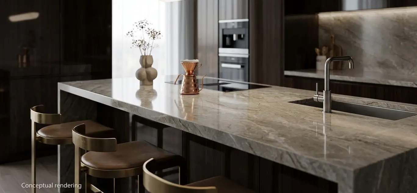 Conceptual rendering of close-up of a luxury modern kitchen featuring a seamless, polished countertop with a waterfall edge