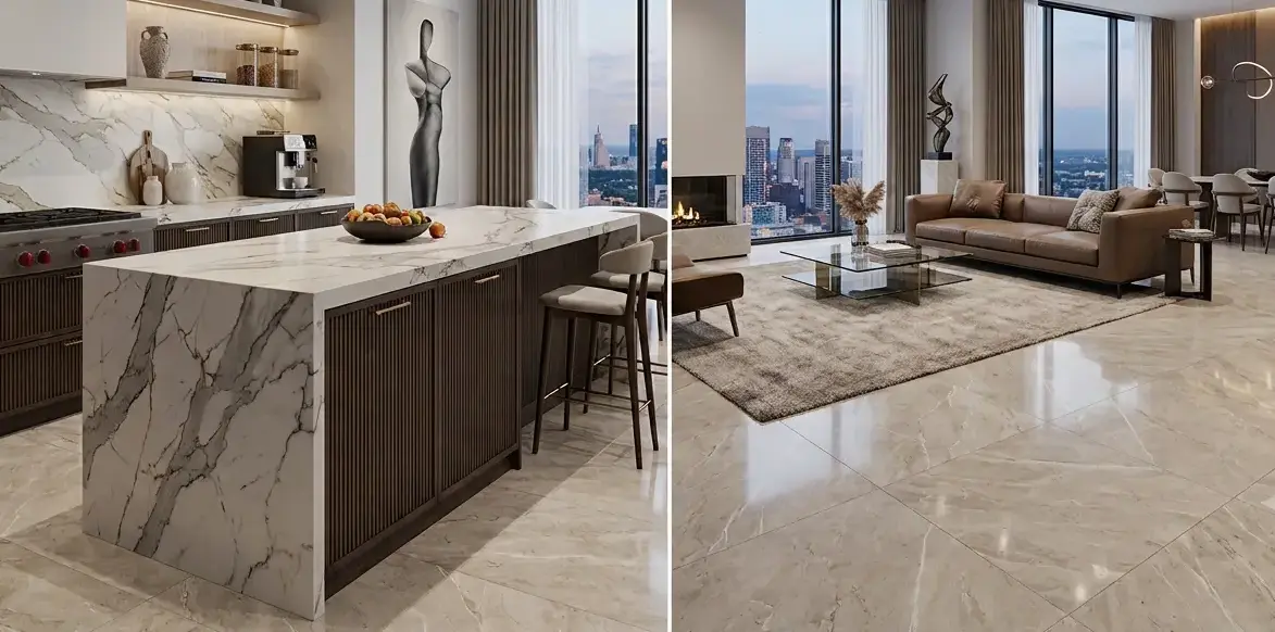 Conceptual rendering of interior, featuring a white marble waterfall kitchen countertop on the left and polished stone flooring in a spacious living room on the right