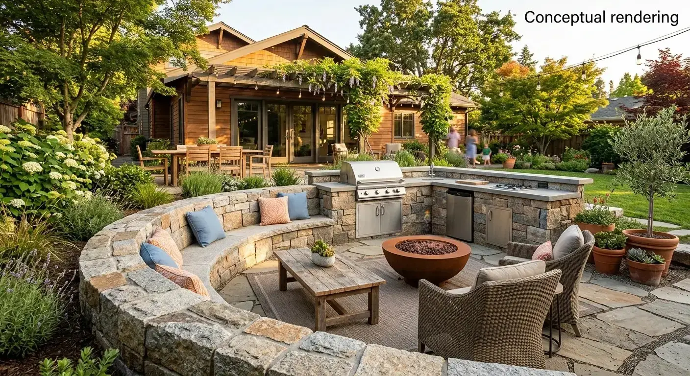 Conceptual rendering of a granite seating wall reflecting outdoor remodel ideas