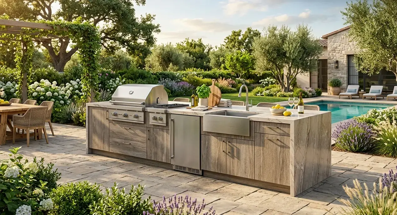 Conceptual rendering of a porcelain outdoor kitchen island as part of outdoor remodel ideas
