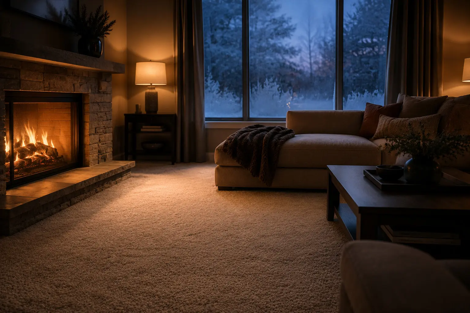 Conceptual rendering of an Interior shot of a living room at dusk, warm carpet flooring