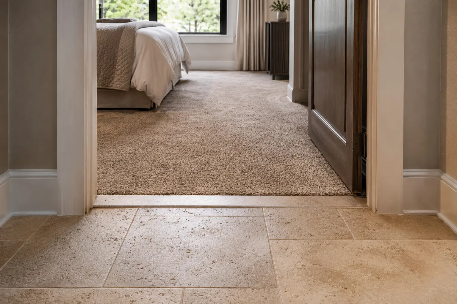 Conceptual rendering of a natural stone tile flooring leading into a bedroom with plush carpet