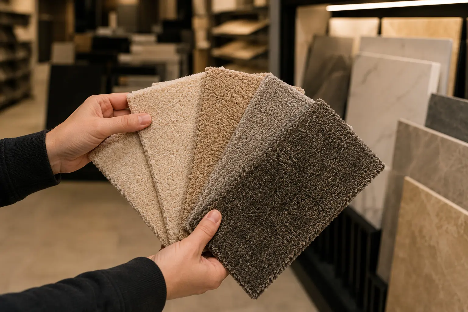 Conceptual rendering of a Close-up of a pair of hands holding several fanned-out carpet swatch samples in different tones