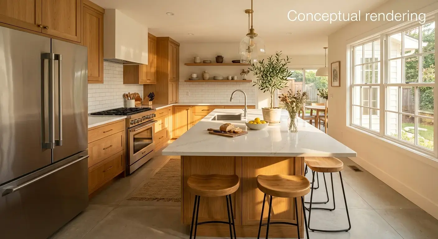 Conceptual rendering of a kitchen remodel materials quartz countertop indoors