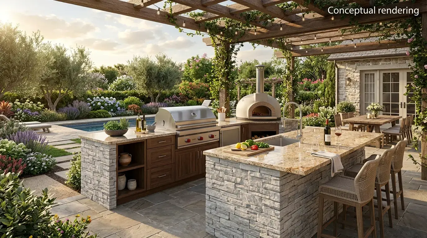 Conceptual rendering of a kitchen remodel materials outdoor kitchen island