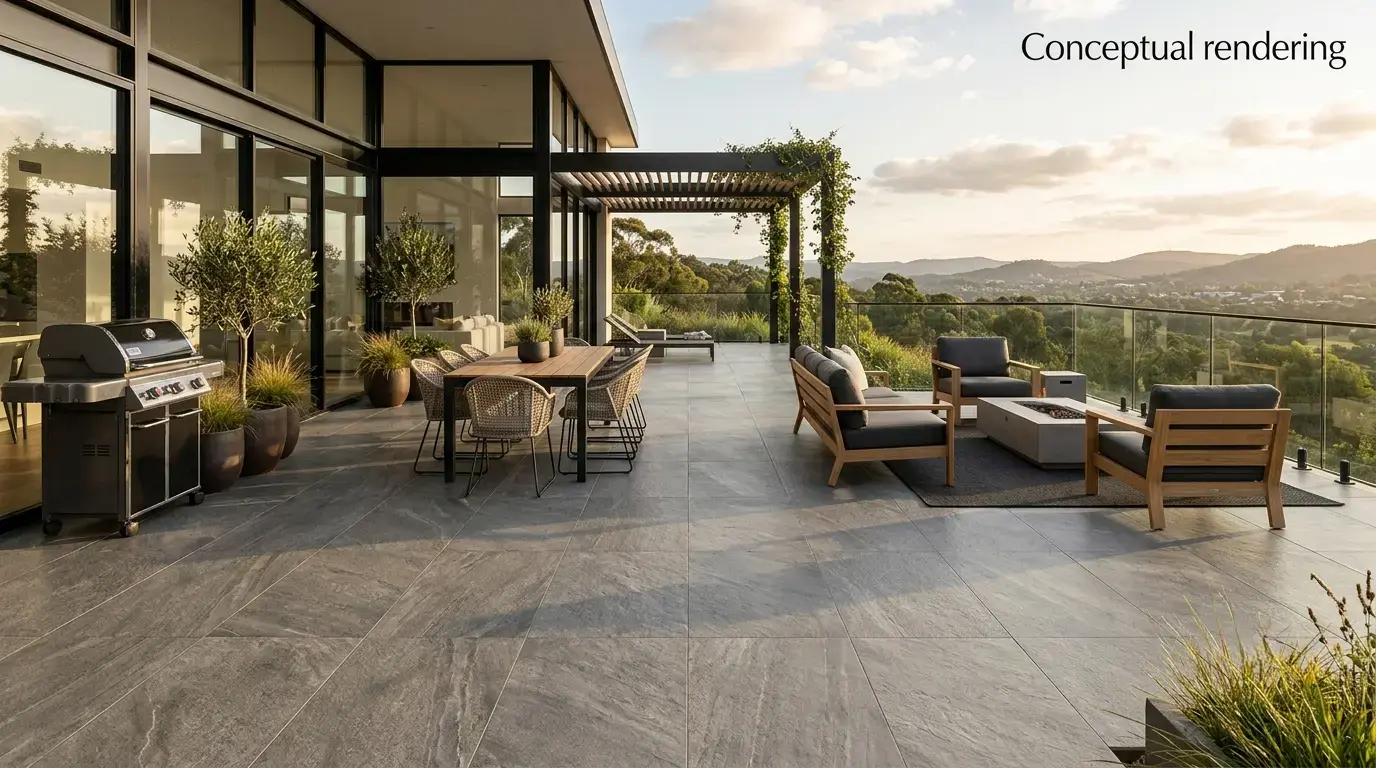Conceptual rendering of outdoor patio porcelain tile