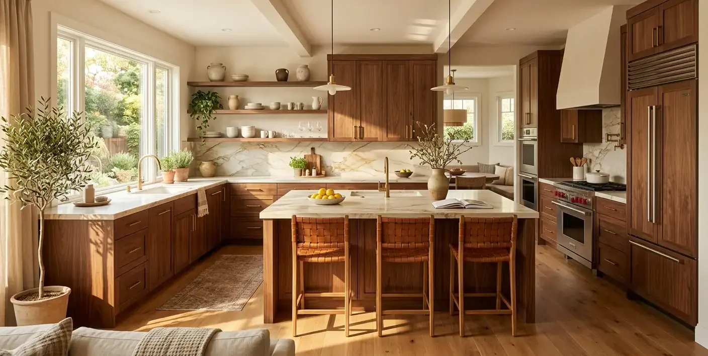 Conceptual rendering of a kitchen remodel inspiration pairing quartzite counters with warm-toned cabinetry