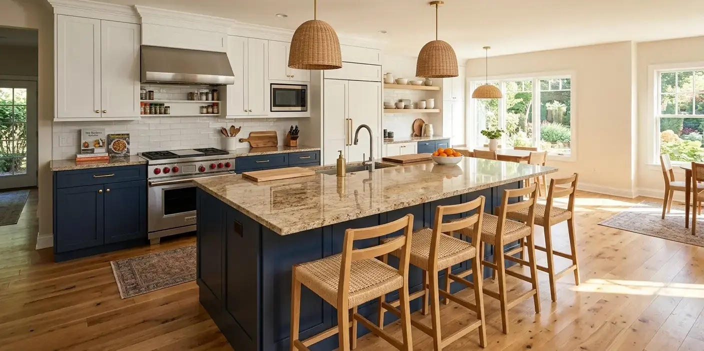 Conceptual rendering of a kitchen remodel inspiration island with granite countertop and two-tone cabinets