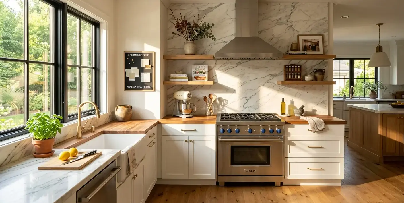 Conceptual rendering of a kitchen remodel inspiration corner with marble accent backsplash