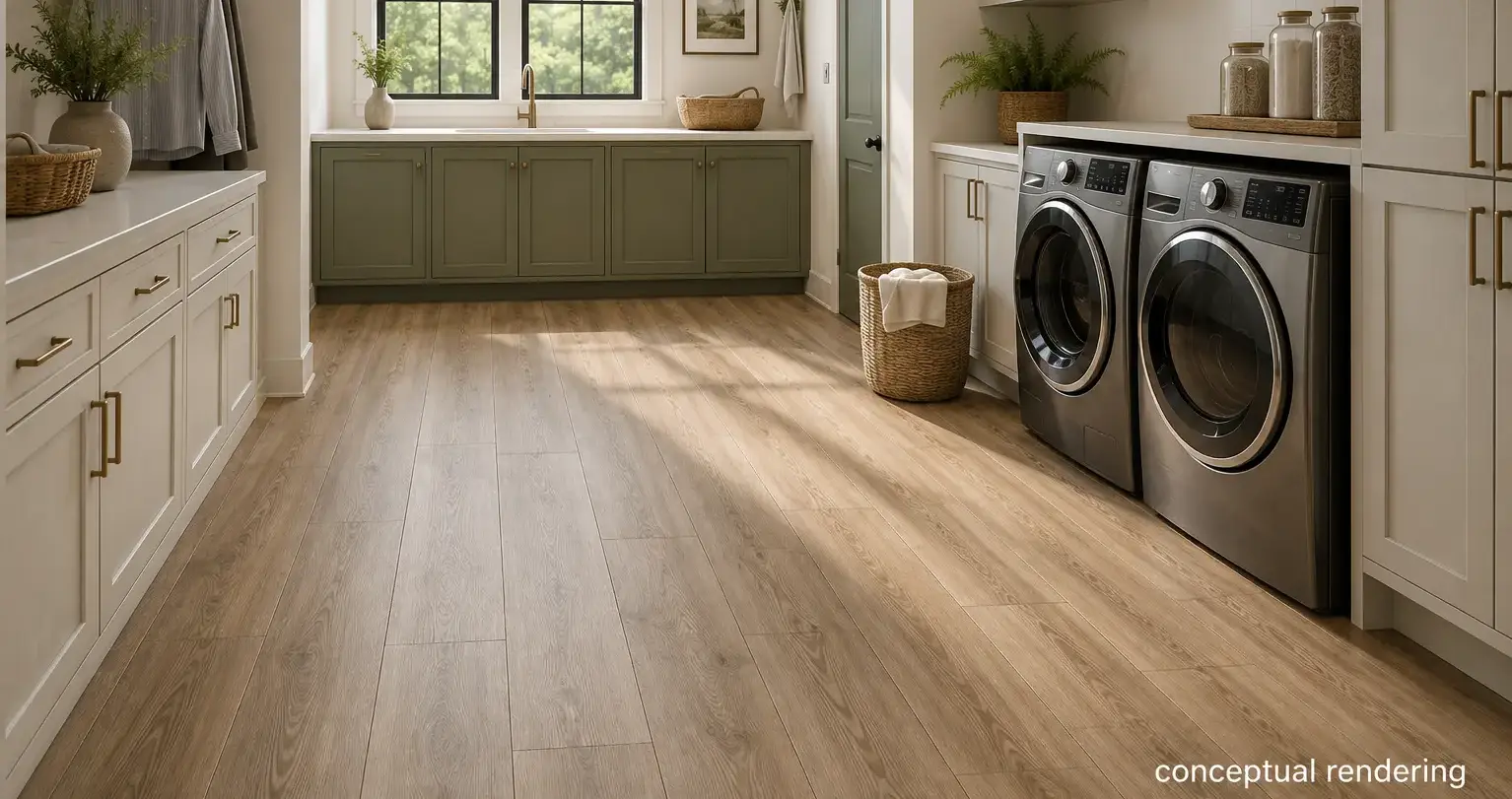 Conceptual rendering of laundry room in South Lake Tahoe with perfectly installed LVP flooring