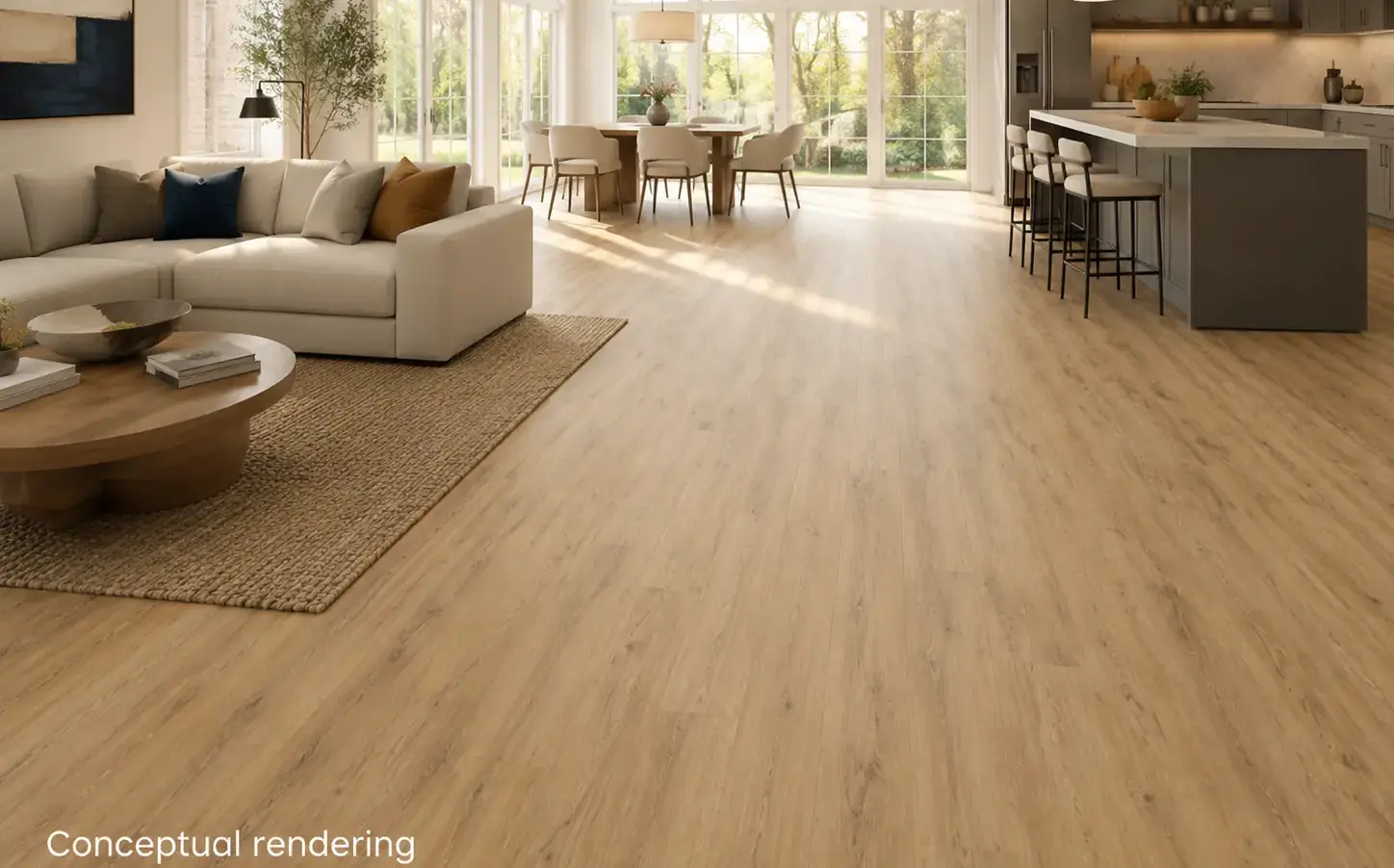 Conceptual rendering of sun-facing modern living room with luxury laminate flooring and high-end contemporary decor at South Lake Tahoe
