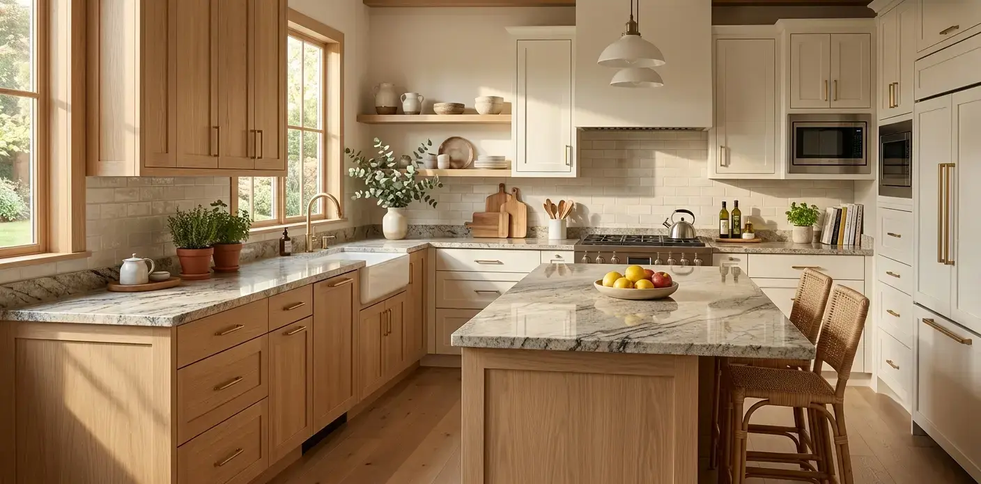 Conceptual rendering of a Kitchen Trends countertop pairing granite slab with light cabinetry