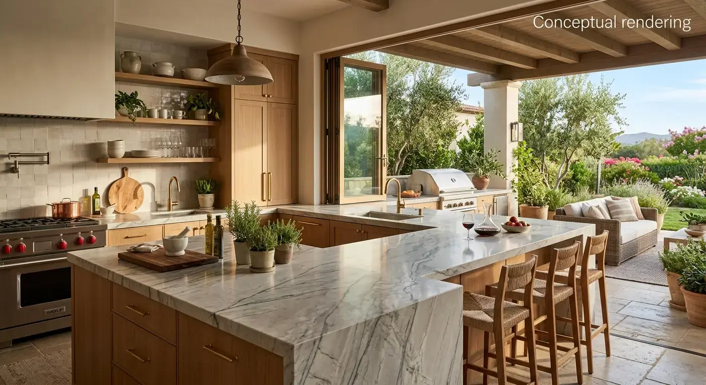 Conceptual rendering of a Kitchen Trends indoor-outdoor patio countertop in quartzite