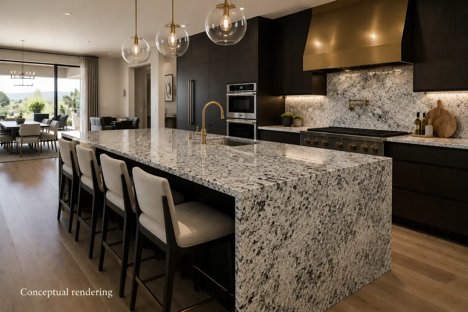 Conceptual rendering of granite countertop and kitchen island