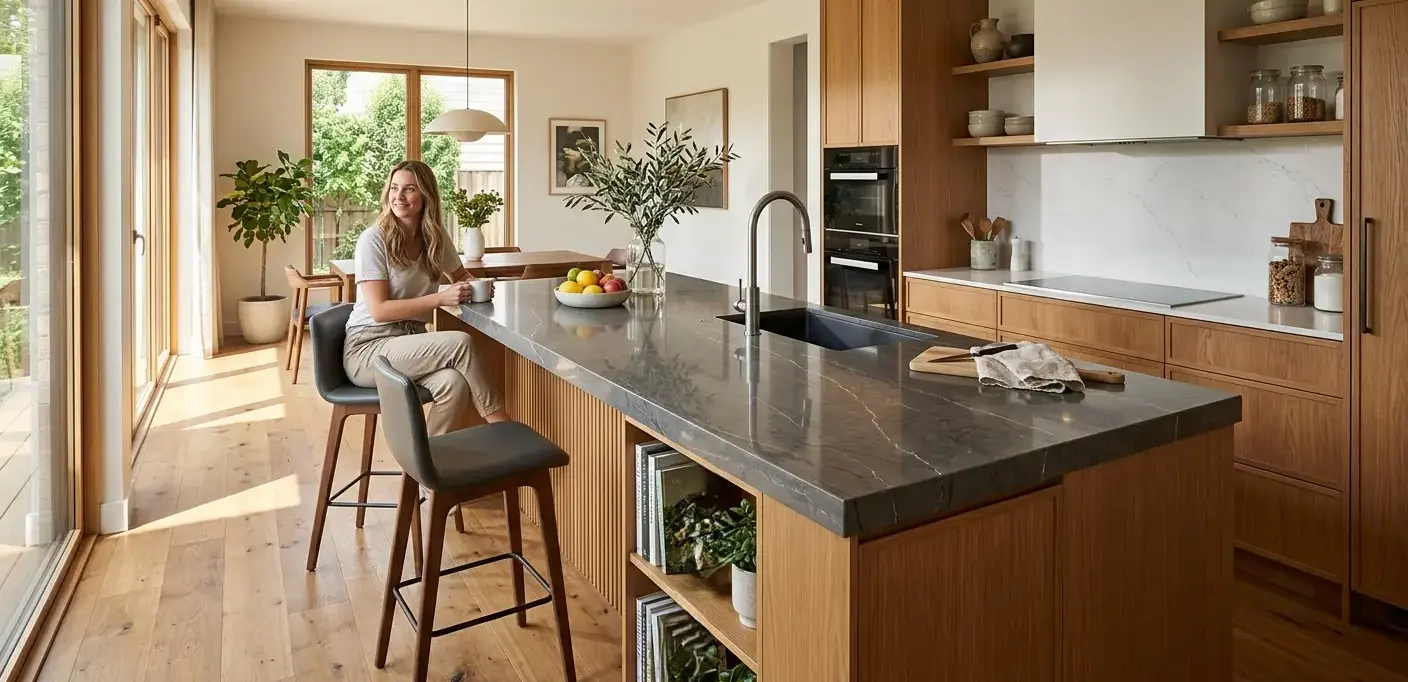Conceptual rendering of a Kitchen Trends kitchen island with porcelain slab surface