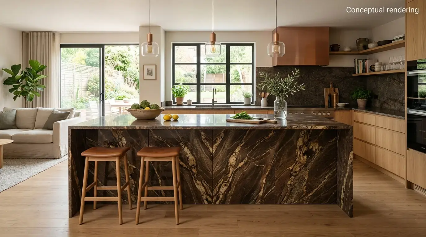 Conceptual rendering of waterfall edge brown granite