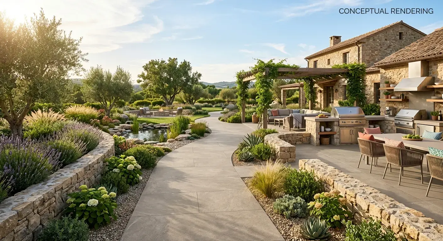 Conceptual rendering of an Outdoor Stone Projects walkway in honed porcelain