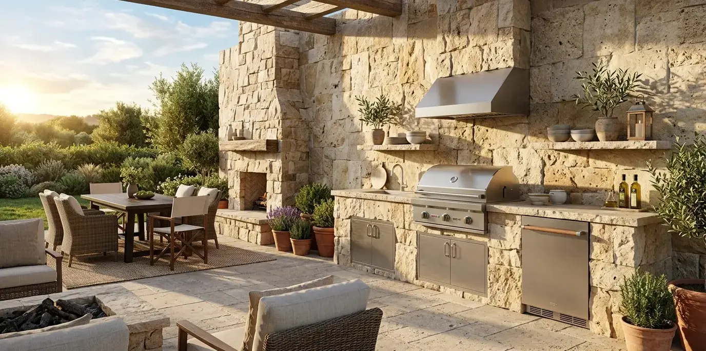 Conceptual rendering of an Outdoor Stone Projects accent wall in travertine