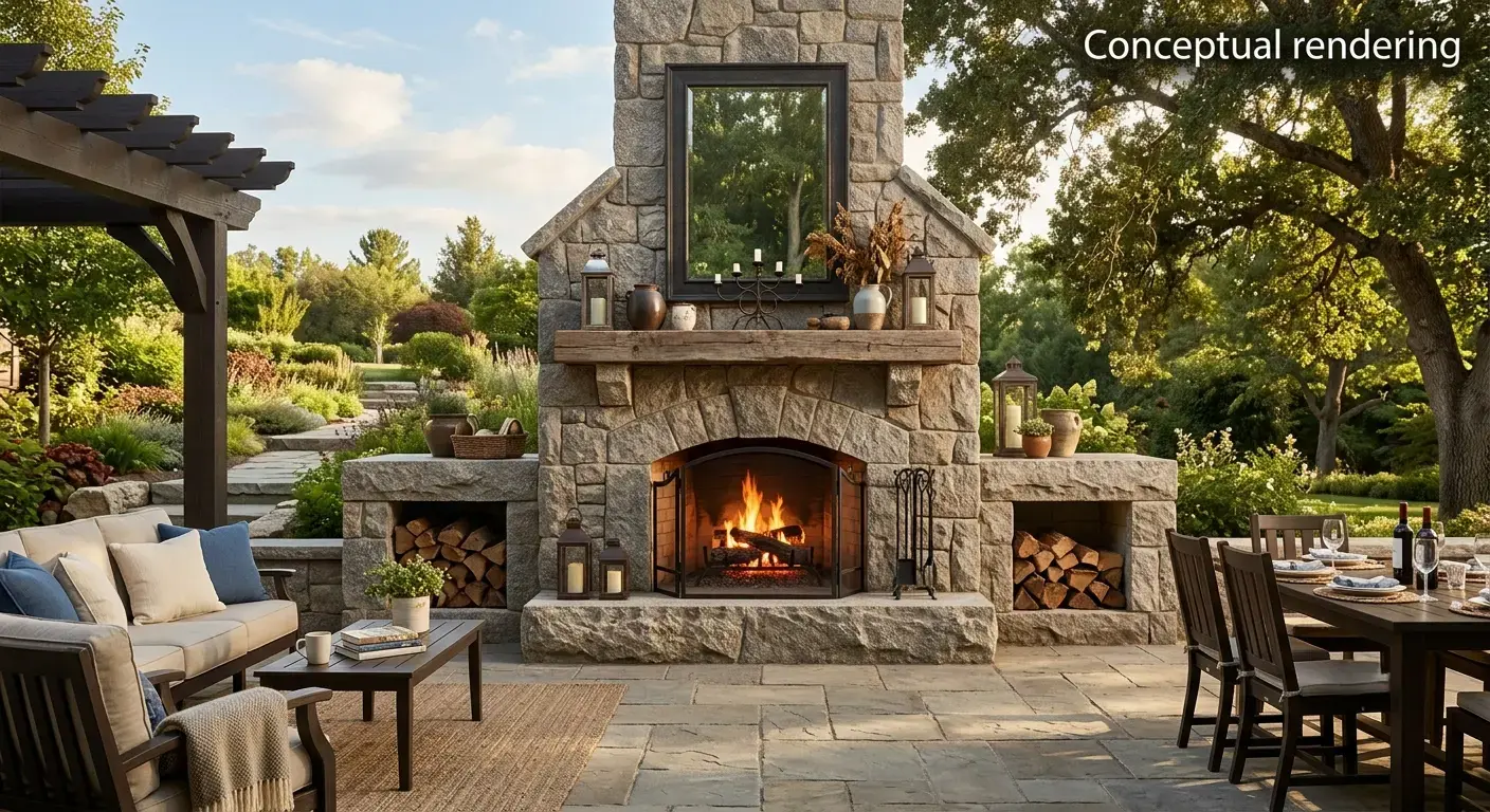 Conceptual rendering of an Outdoor Stone Projects fireplace surround in granite