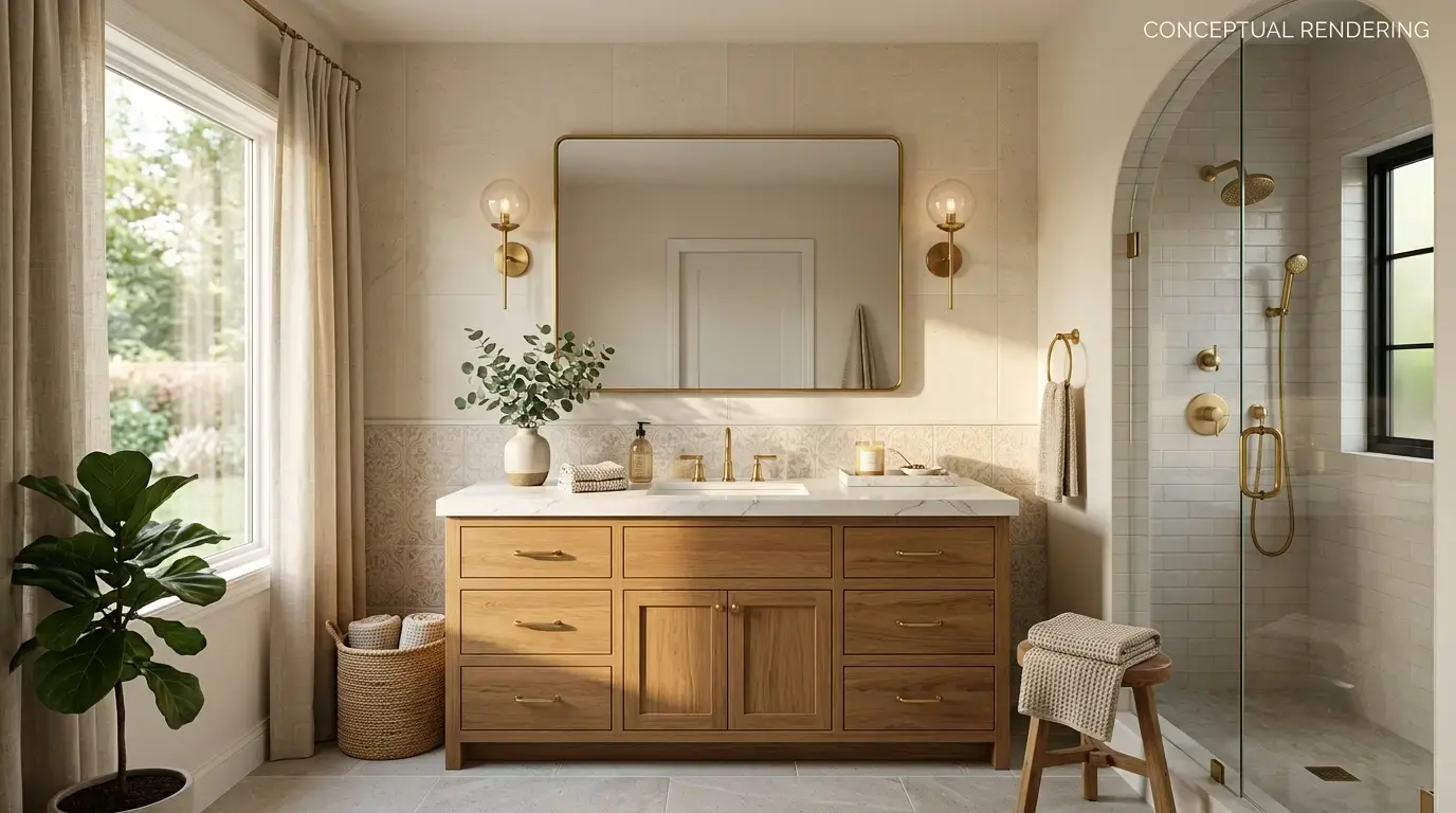 Conceptual rendering of a bathroom remodel inspiration vanity with polished quartz countertop