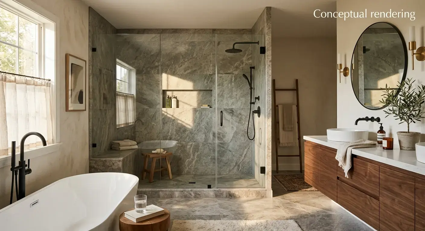 Conceptual rendering of a bathroom remodel inspiration shower surround in leathered marble