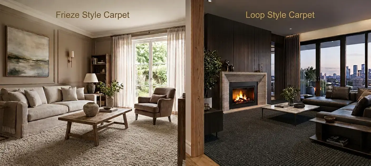 Conceptual rendering of side-by-side comparison of beige frieze carpet and dark charcoal loop carpet in luxury living rooms